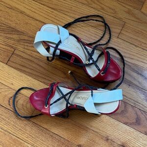 Charles Jourdan Red, White & Black Lace-Up Strappy Heels